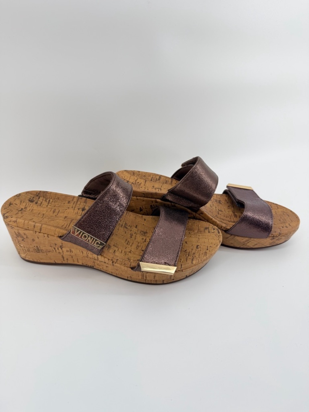 Vionic Metallic Brown Pepper Cork Wedge Sandals Metallic Merlot